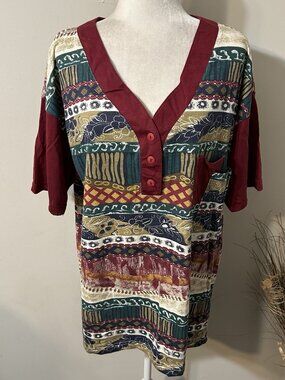 Vtg Laura Katherine Women Henley V-neck Abstract Floral Tunic Blouse Sz 18W